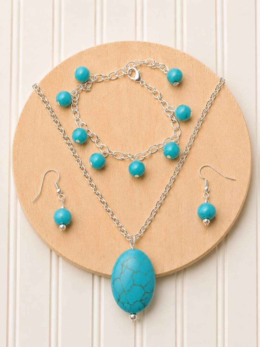 Turquoise Bead Necklace, Bracelet & Earring Set - Blue Jewelry